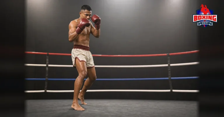 Male Muay Thai fighter advancing with a high guard and rear heel raised