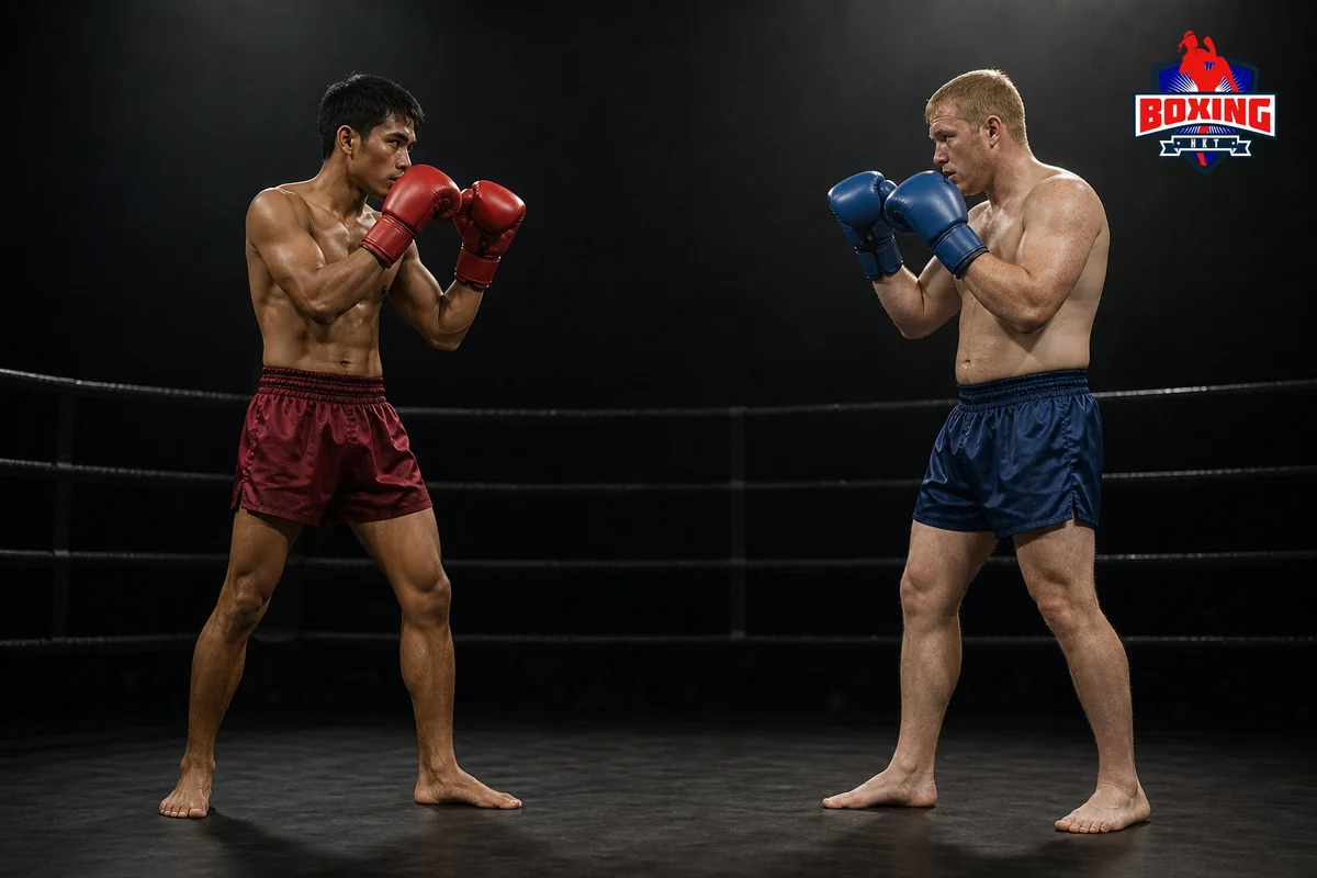 Two visibly distinct Muay Thai fighters holding simple high guards at safe range