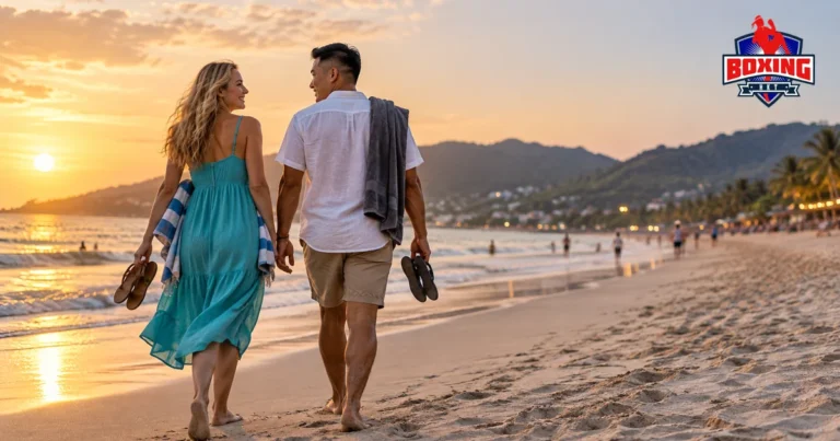 A couple walking off a Phuket beach at sunset, sandals in hand, before an evening at Bangla Boxing Stadium