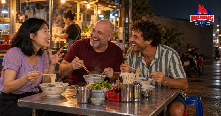 Three friends eating noodles at a late-night street food stall in Patong after a fight night