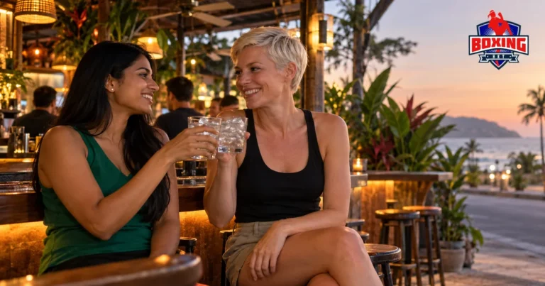 Two friends sharing iced drinks at an open-front bar with ceiling fans before a fight night