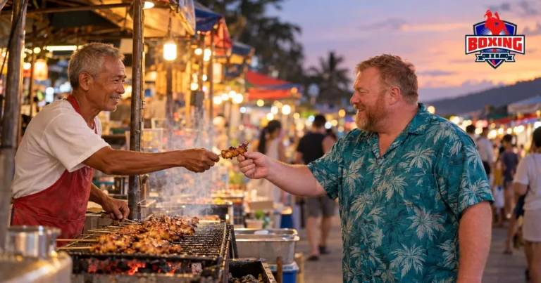 A street food vendor handing a grilled skewer to a visitor at a busy evening grill in Patong