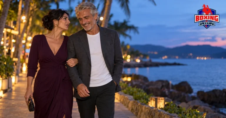 A dressed-up couple strolling a seaside promenade at blue hour