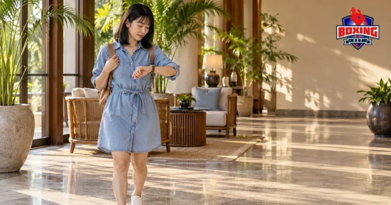 A traveler checking her watch in a bright hotel lobby before an evening in Patong