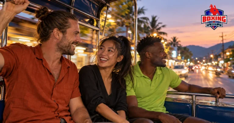 Three friends laughing in the back of a songthaew at dusk on the way into Patong