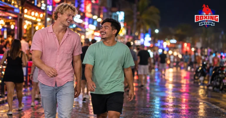 Two friends walking along a busy neon-lit nightlife street in Patong
