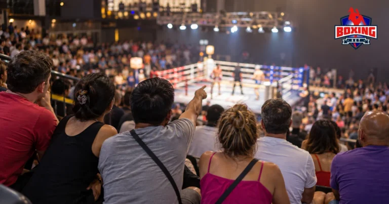 Spectators in the stands watching a Muay Thai bout in an enclosed indoor arena