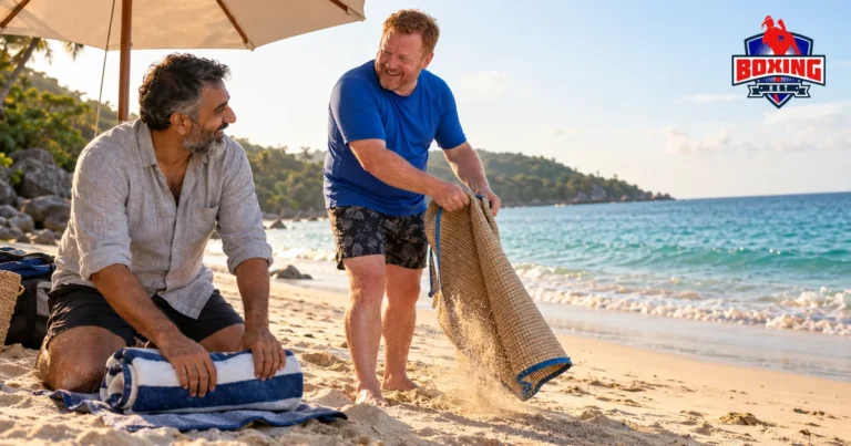 Two friends packing up a beach mat under an umbrella on a sunny Patong afternoon