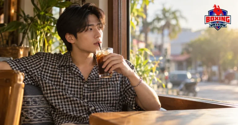 A young man relaxing with an iced coffee at a cafe window in the afternoon
