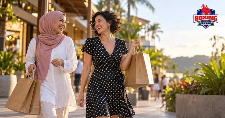 Two women walking out of a shopping arcade with paper bags in Patong