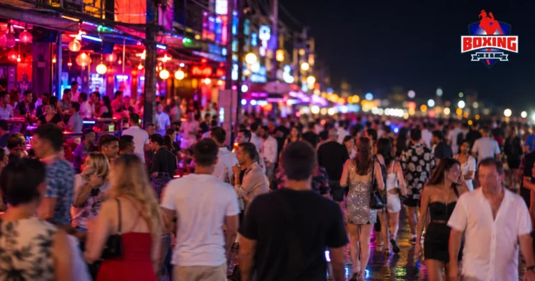 A crowded neon-lit nightlife street in Patong at night