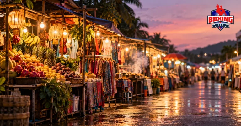 A night market lane with fruit and clothing stalls at dusk after rain