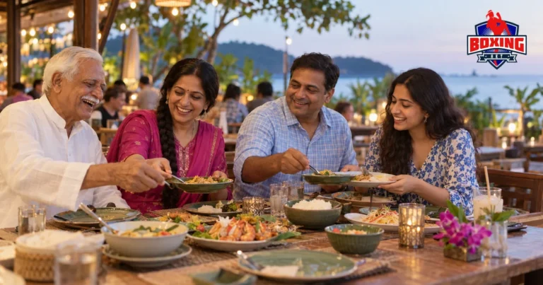 A family of four sharing Thai dishes on a seaside terrace