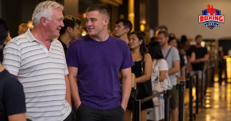Visitors queuing in an enclosed entrance foyer before a fight night