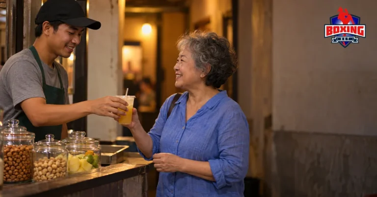 A snack counter vendor handing a cold drink to a smiling visitor