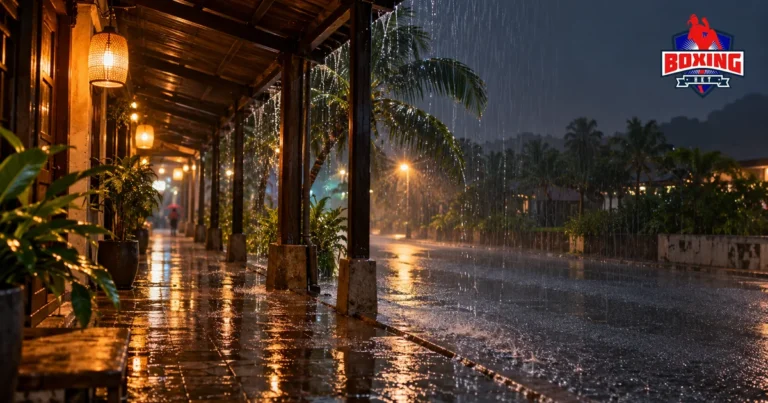 Heavy night rain falling beyond a covered walkway lit by warm lamps
