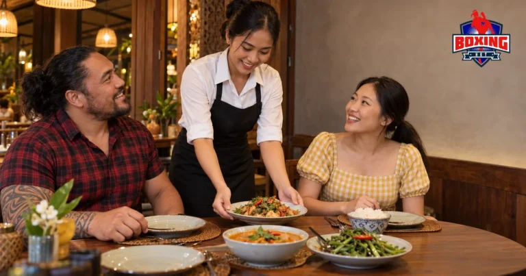 A server bringing Thai dishes to two diners in a teak-walled restaurant